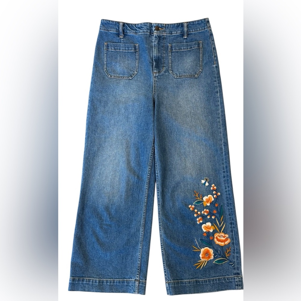 Johnny Was Shuri Cropped Wide Leg Jeans Floral Embroidered Patch Pocket Size 29 - Picture 3 of 16